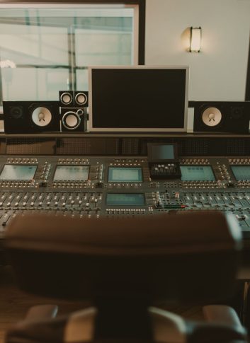 view of sound producing equipment at recording studio